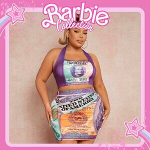 ✅ SXY Plus Dollar Print Crop Halter Top & Mini Skirt Set